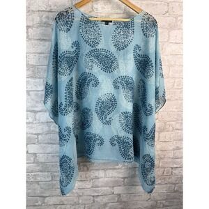Poncho Kimono Top Vibrant Aqua Blue Artsy Sheer‎ Light Beach Vacation One Size